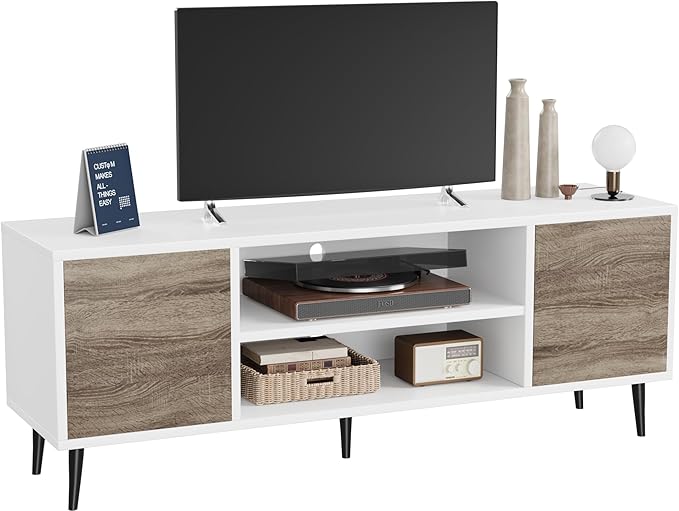 Flamaker TV Stand, 58 Inch Entertainment Center with 2 Doors and 2 Storage Cabinets for TV up to 65 inch, TV Console Table for Living Room, Bedroom, Office (White and Oak)