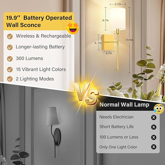 19.9 Inch Wall Sconces Battery Operated Set of 2, Rechargeable Wireless Wall Sconces Lights with Remote, Not Hardwired Dimmable Gold Wall Lamps with White Fabric Shade for Bedroom, 2 Bulbs Included