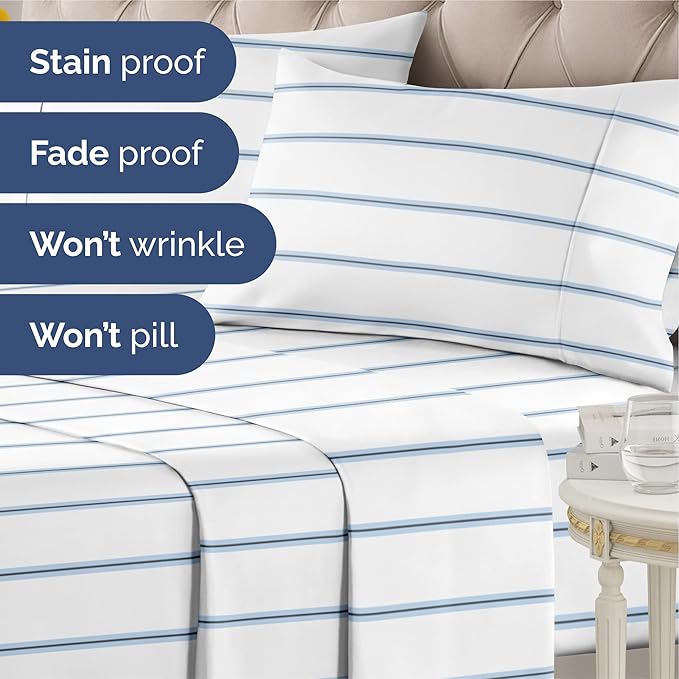 Striped Sheets - Blue & White Striped Sheets - 1 Flat & 1 Fitted & 2 Pillowcases w/ Deep Pockets – Wrinkle & Fade Free- Soft, Breathable and Cooling - Queen Size Bed Set – Luxury Pinstripe Bed Set