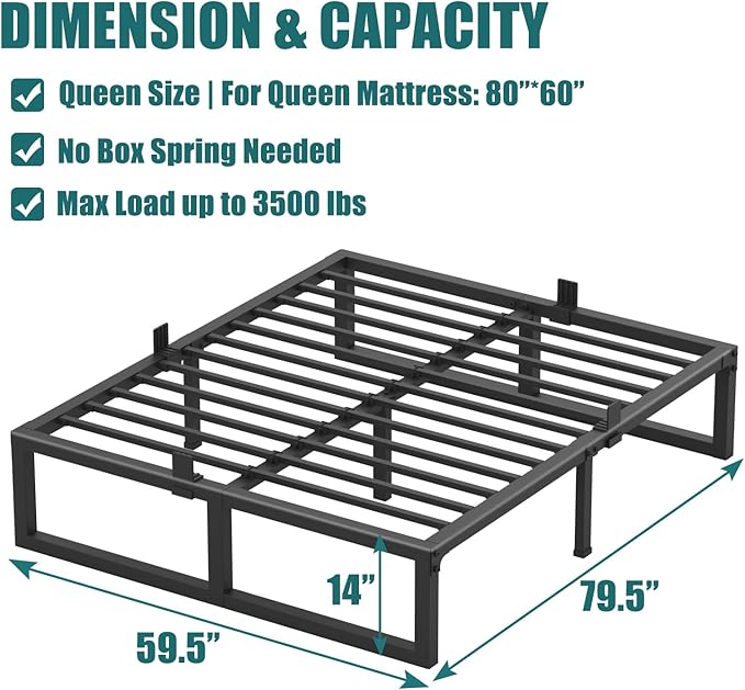 14 Inch Queen Bed Frame,3500 lbs Heavy Duty Metal Platform, Steel Slats Support/No Box Spring Needed/Noise Free/Non-Slip/Easy Assembly