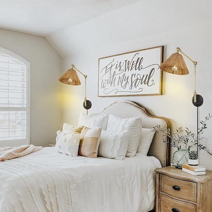 WINGBO Wall Sconce Rattan Wrapped Wall Lamp, Adjustable Swing Arm Wall Light Foldable Gold Light Fixture Vintage Bedside Light Wicker Handmade Shade Reading Light Plug in or Hardwire Gold/Black