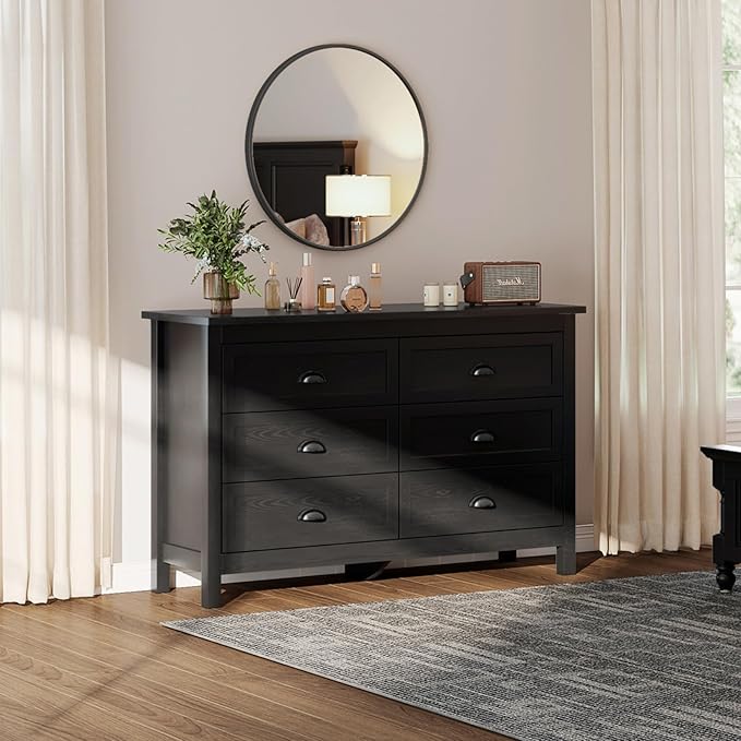 Black Dresser for Bedroom, Farmhouse 6 Drawer Double Dresser with Vintage Antique Handles, Modern Dressers and Chest of Drawers for Bedroom