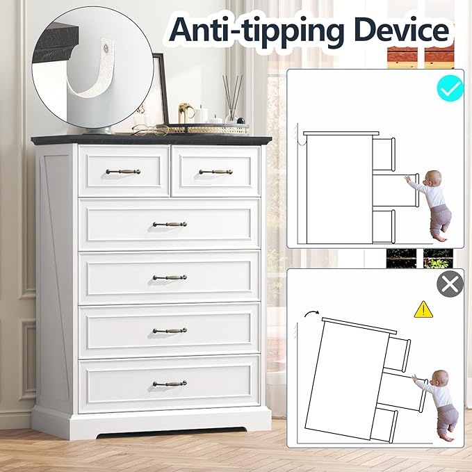 Dresser for Bedroom with 6 Drawer, 43'' Tall Dresser for Closet, Farmhouse Wooden Chest of Drawers with Natural Wood Texture, Vintage Storage Organizer for Living Room, Hallway, White