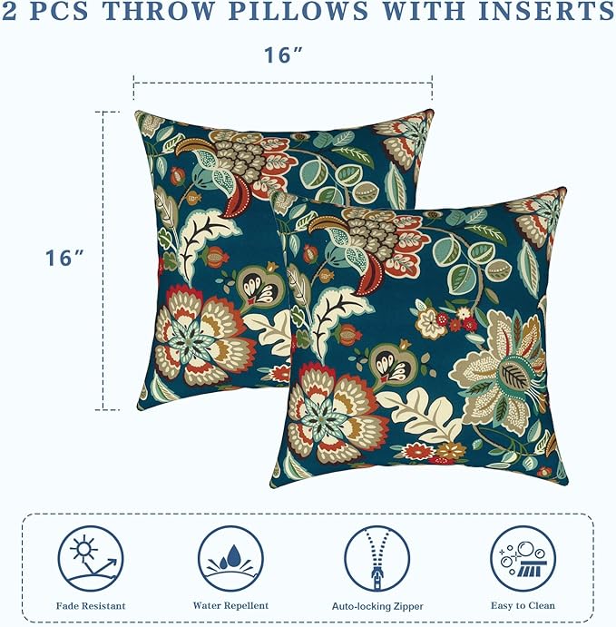 LVTXIII Outdoor Throw Pillows, Decorative Throw Pillows with Inserts, 16"x16" Square Pillows for Bed, Couch, Sofa and Patio Furniture, Set of 2, Peacock Blue