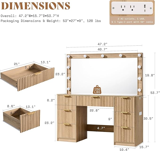 AMERLIFE 47.2" Fluted Vanity Desk with Large Mirror and Adjustable LED Lights, 7 Drawers Makeup Table with Glass Top and Charging Station for Women and Girls, Bedroom or Dorm, Oak