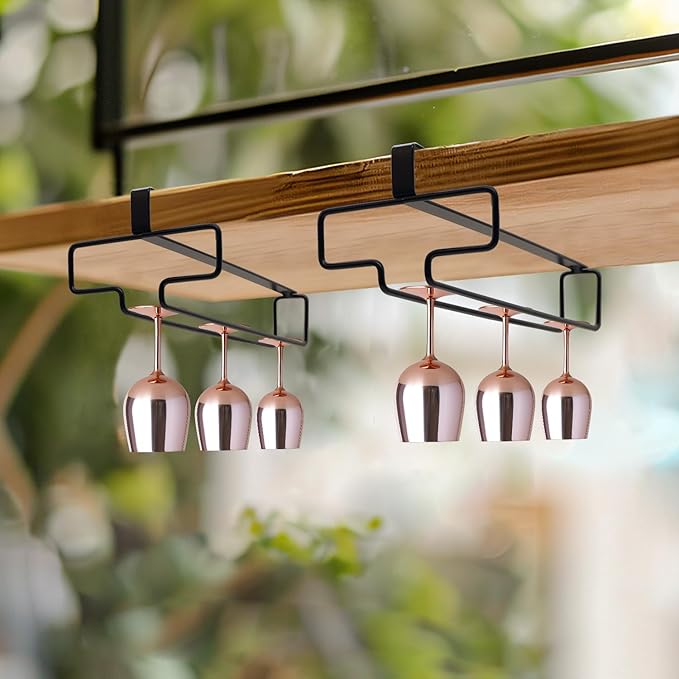 4PCS Wine Glass Holder, Stemware Rack Hanger Under Cabinet, Hanging Glass Storage Rack Organizer for Kitchen Bar, Black