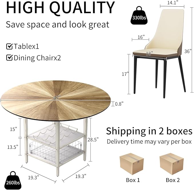 VFK 47 Inch Round Dining Table Set, Modern Wood Dining Table with Double Storage Rack, 2 Person Dining Table and Chair Set for Kitchen, Dining Room, Living Room