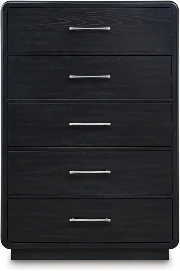 Signature Design by Ashley Rowanbeck Modern 5 Drawer Chest with Felt-Lined Top Drawer and Safety Stop, Black