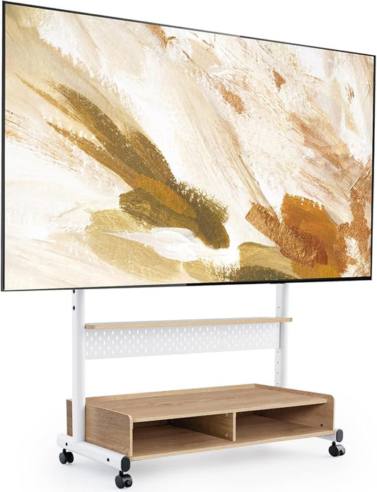 FITUEYES Rolling TV Stand Mount for 70 to 100 Large TV Screens，Mobile TV Floor Stand on Wheels with Ample Storage Pegboard & Wooden Shelf, Rolling TV Cart Hold up to 176 lbs, Max VESA 850 x 600