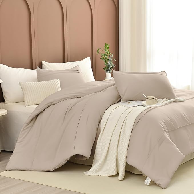 Sanracie Cotton Queen Comforter Set(90"x 95"),Pinch Pleated Linen Colored Breathable Comforter Sets 3Pcs Extra Soft Lightweight Neutral Bedding Set for All Season