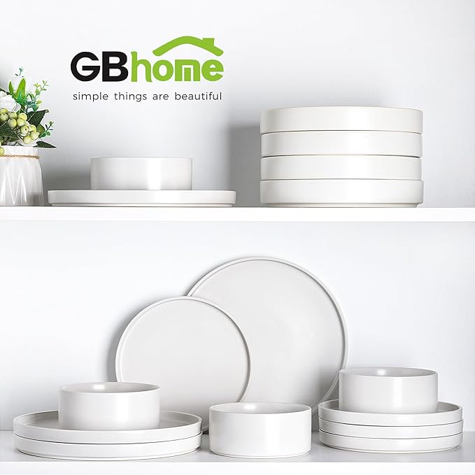 GBHOME Ceramic Dinnerware Sets for 8, Stoneware Plates and Bowls Sets, Chip and Scratch Resistant Dishes, Dishwasher & Microwave& Oven Safe Dishes sets, Reactive Glaze-White