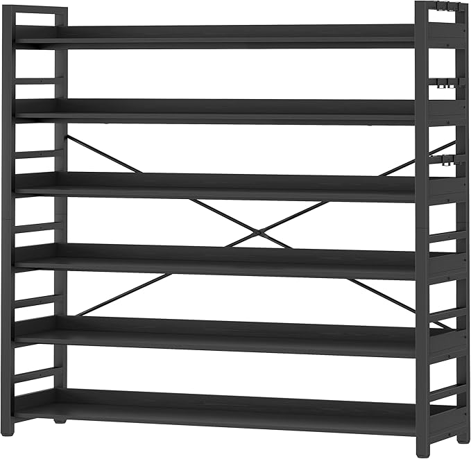 HCHQHS 6 Tier Bookshelf, Adjustable Industrial Bookcase, Vertical Tall Book Shelf, Wood and Black Metal Open Bookshelves for Home Office, Living Room, Bedroom