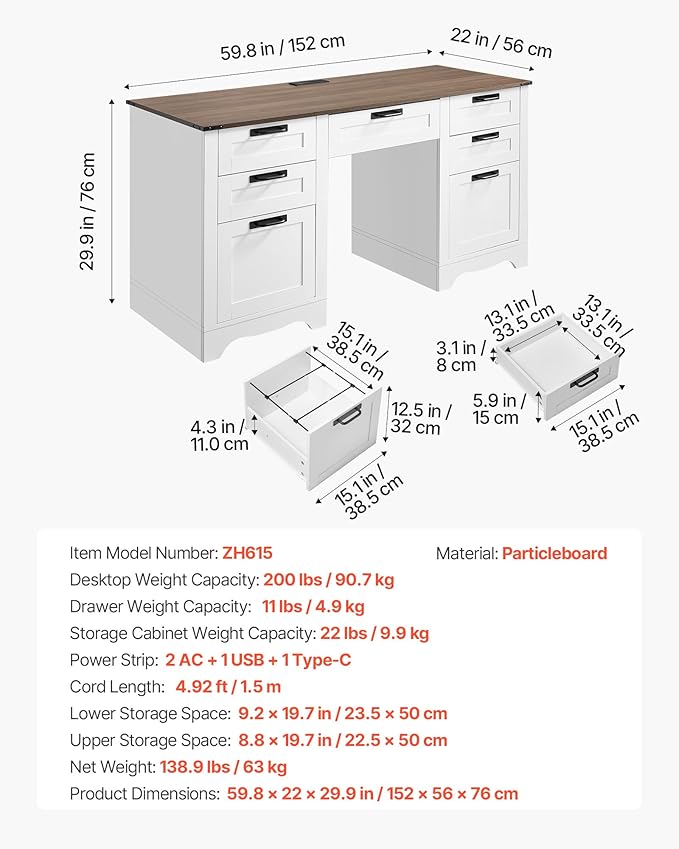 VEVOR 60" Executive Desk with Drawers, Farmhouse Home Office Desk with Charge Station, Keyboard Tray, File Storage Cabinet, 200 LBS Load Capacity Wood Table, Easy Assembly, for Work Study, Walnut