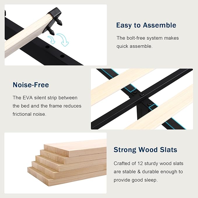 Queen Bed Frame with 4 Storage Drawers, Huge Upholstered Wingback Headboard, Fast Charging Station, No Box Spring Needed, Noise-Free, Beige