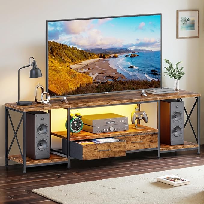 LED TV Stand for 75 70 Inch TV with Fabric Drawers LED Entertainment Center Television Stands with Storage Shelves for Living Room, Bedroom, TV Console Table 63" Rustic Brown
