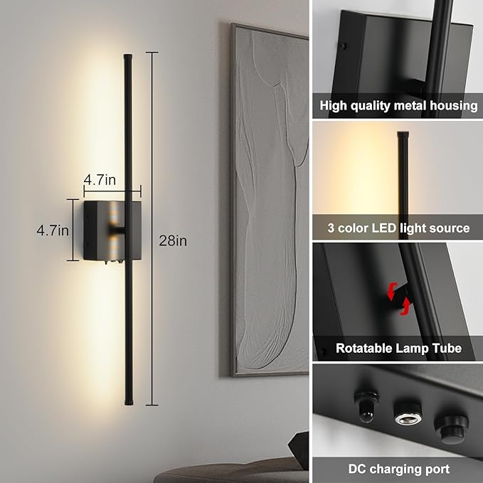 Battery Operated Wall Sconces with Remote Control, 11000mAh LED Wireless Rechargeable Black Wall Lights, 350°Rotate Dimmable Wall Lamp, 3 Color Temperatures, for Bedroom, Living Room, Hallway, 1 PCS