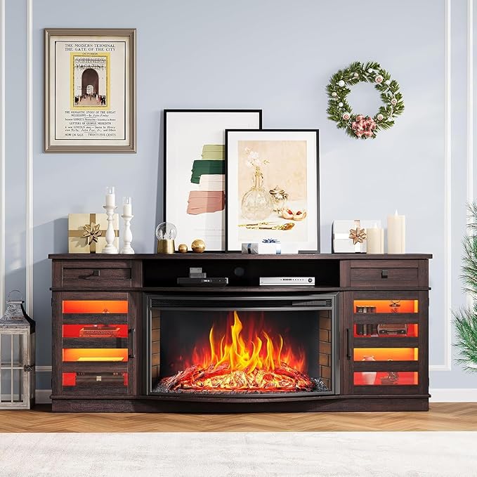 AMERLIFE 70" Farmhouse Fireplace TV Stand with 36'' Curved Electric Fireplace, LED Media Console with 2 Drawers & Adjustable Shelves, Fits 80'' TVs, Espresso