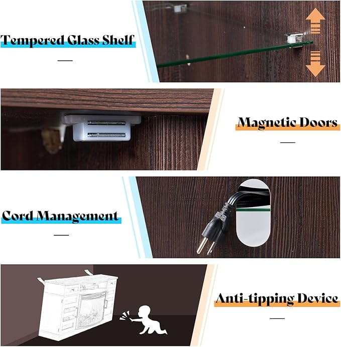 Farmhouse Curved Fireplace TV Stand, 70" LED Light Entertainment Center Table with 36'' Upgrade Electric Fireplace TV Console Cabinet for TVs Up to 80", Dark Walnut