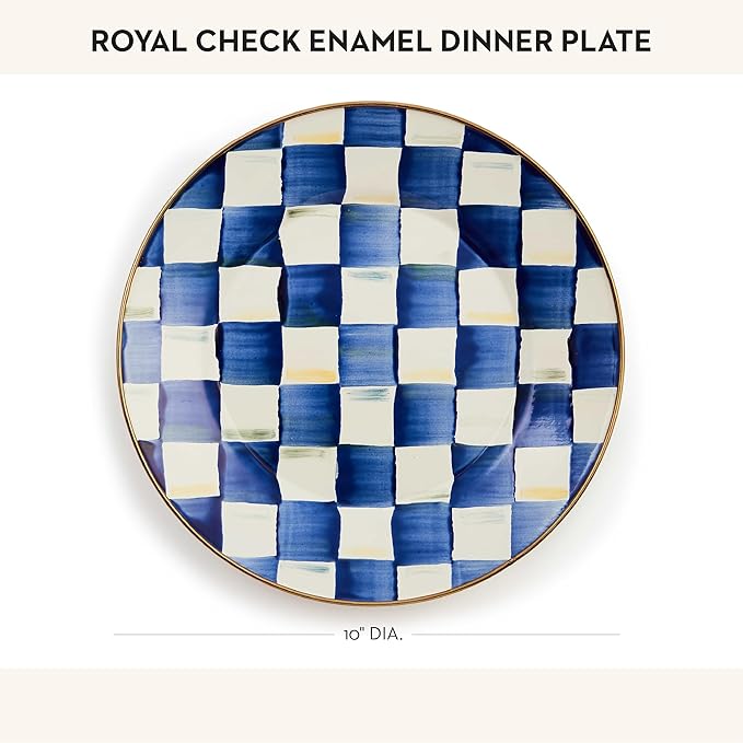 MACKENZIE-CHILDS Enamel Dinner Plate, Decorative Dinnerware Plate, 10 Inches, Set of 1, Blue-and-White Royal Check