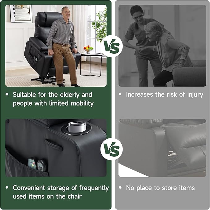 Power Lift Recliner Chair for Elderly with Heat & Massage, 160° Electric Adjustable PU Leather Recliner with Remote Control, Stand Assist, Cup Holders & Side Pockets for Living Room (Black)