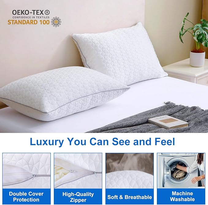Cooling Pillows Standard Size Set of 2, Shredded Memory Foam Pillows, Adjustable Firm Bed Pillows Cool Cold Pillow for Hot Side Back Stomach Sleepers with Removable Washable Cover, 20" x 26", White