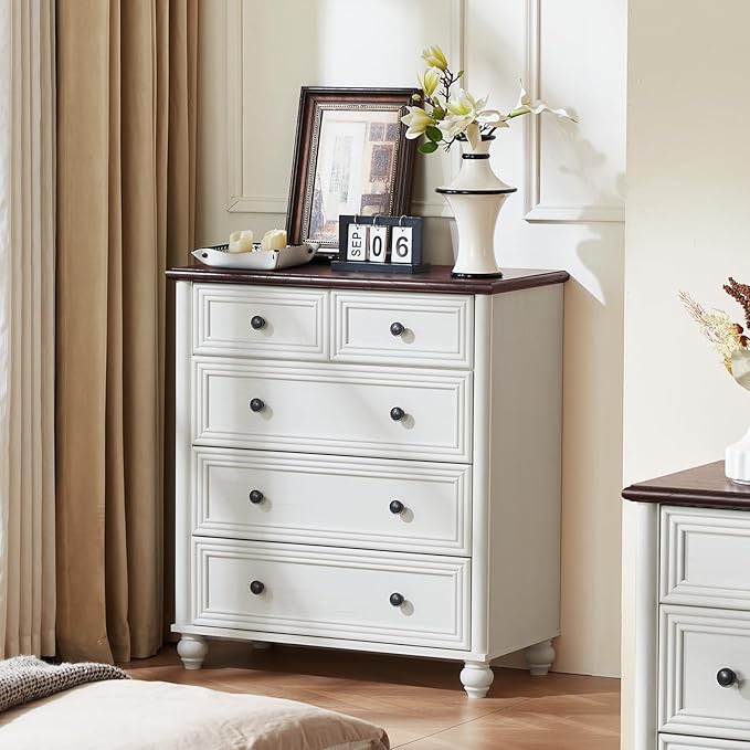 Farmhouse 5 Drawer Dresser for Bedroom Set of 2, 35.5" Tall Small Dressers & Chest of Drawers, Rustic Wood Dresser with Roman Column, Storage Organizer for Living Room, Hallway, Closet (White)