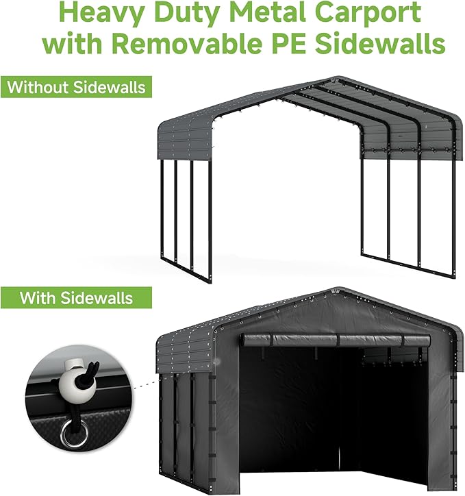 Real Relax 10x15ft Heavy Duty Metal Carport with Galvanized Steel Roof, Removable Sidewalls, Outdoor Car Port Shelter for Cars, Trucks and Boats, Gray