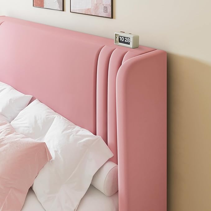 Allewie Queen Size Velvet Platform Bed Frame with Vertical Tufted Wingback Headboard, Easy Assembly, Under Bed Storage, No Box Spring Required, Modern Style, Pink