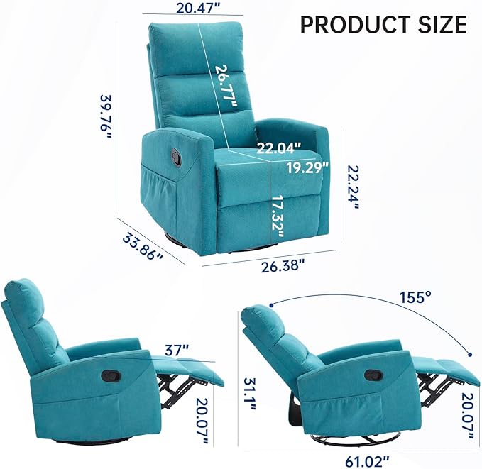 360° Swivel Recliner Chairs for Small Spaces, A Recliner with Side Pockets, Small Rocker Recliner for Living Room, Bedroom, Sky Blue Recliner Chair for Adults