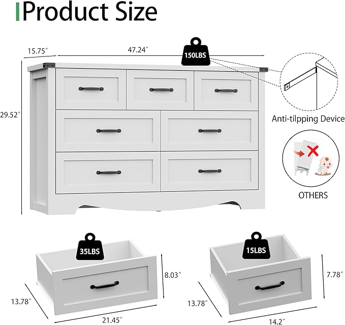 Dresser for Bedroom with 7 Drawers, 48" Wide Modern Chest of Drawers with Deep Drawers & Mental Handle, Wood Dresser TV Stand, Wooden Closet Storage Organizer for Living Room, Hallway, Entryway, White