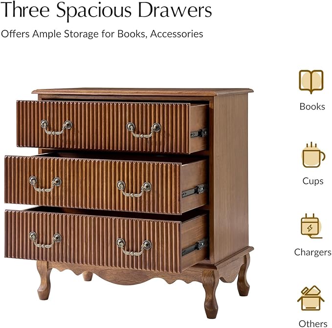 HULALA HOME Transitional Side Table with 3 Drawers and Charging Station, 28" Solid Paulownia Wood Sidetable with Vertical Stripe, Cherry