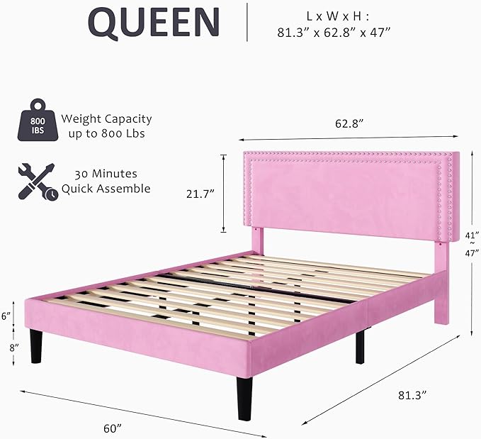 VECELO Queen Size Bed Frame with Adjustable Upholstered Headboard, Wooden Slats Platform, Noise-Free Design, Easy Assembly