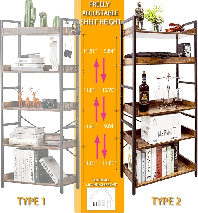 HCHQHS Adjustable 5 Tier Open Bookcase, Rustic Farmhouse Book Shelves, Industrial Wood and Black Metal Bookshelves, Mid Century Bookcase for Home Office Living Room Bedroom