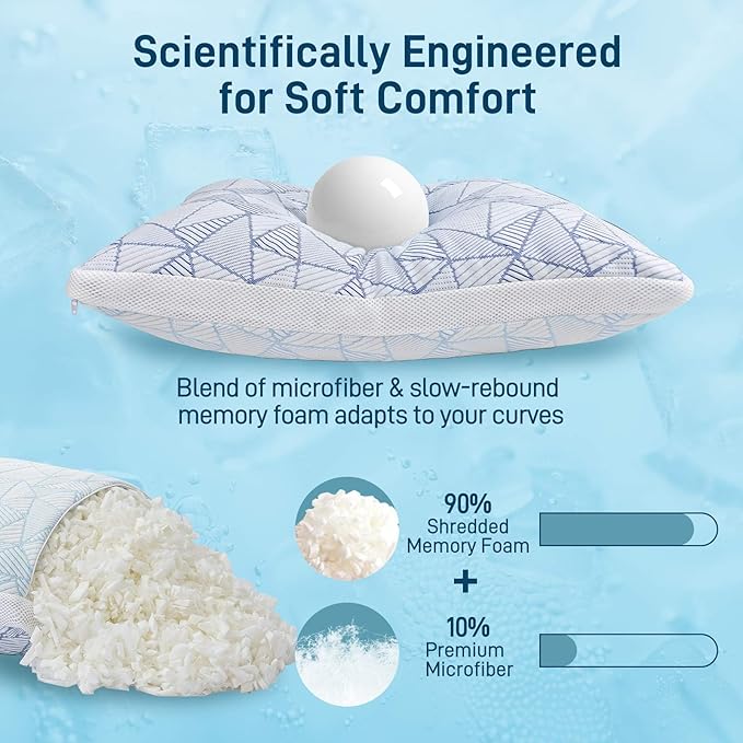 Shredded Memory Foam Cooling Soft Bamboo Viscose Pillows Queen Size Set of 2, Adjustable Hypoallergenic Hotel Quality Pillows for Back, Stomach or Side Sleeper, Oeko-TEX Certified