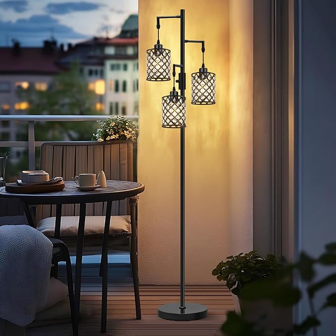 GyroVu Crystal Floor Lamps for Living Room, 3-Light Black Floor Lamp, Standing Tall Lamp with Elegant K9 Crystal Shade & Rotary Switch, Modern Corner Floor Lamp for Bedroom, Home Office, Reading