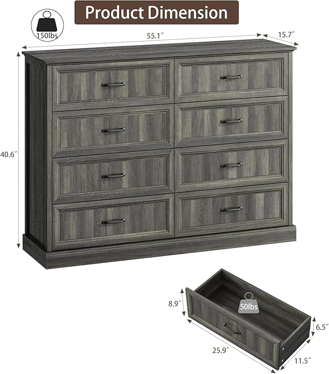 CARPETNAL Farmhouse 8 Drawer Dresser for Bedroom, 55 Inch Wide Modern Grey Dresser TV Stand with Large Drawers & Bar Handles, Rustic Wood Chest of Drawers for Bedroom, Living Room, Hallway, Entryway.
