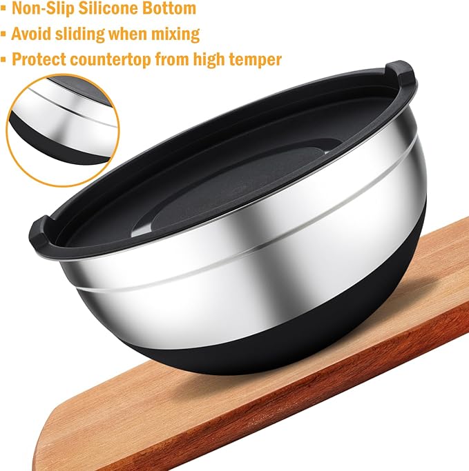 Unokit Mixing Bowls with Lids Set, 7 Pcs Stainless Steel Mixing Bowls with 3 Grater Attachments, Non-Slip Silicone Base Mixing Bowl Set, Sizes 4.5, 4, 3.5, 2.1, 1.5, 1.1, 0.7 Qt for Mixing, Serving