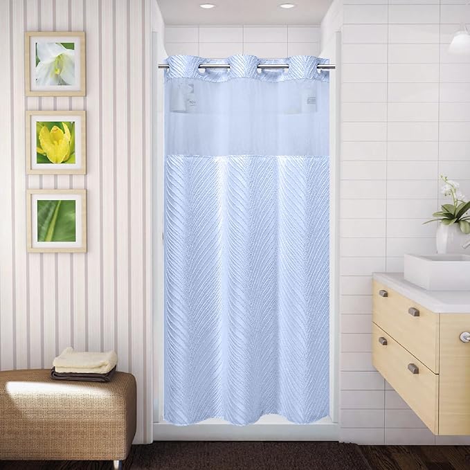 stall no Hook Tufted Shower Curtain with snap in Liner Set, White Waterproof Fabric Inner Liner,Boho Style Shower Curtain with See Through top Window, FrostBlue, 36Wx74H
