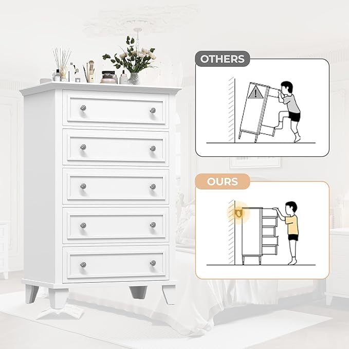 GAOMON White 5 Drawer Dresser for Bedroom, 48" Tall Wood Dresser & Chests of Drawers with Deep Drawers, Modern Chest Organizer with Metal Handles for Living Room, Hallway, Entryway