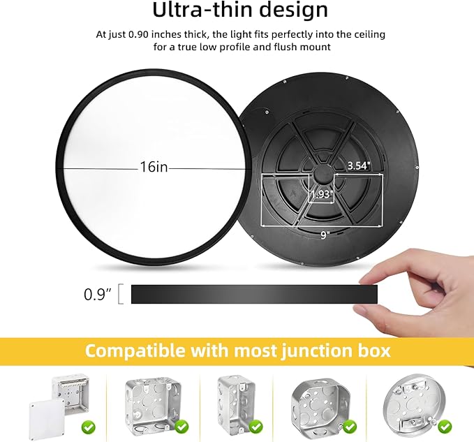 Led Flush Mount Ceiling Light,16 Inch 32w 3480lm,3000k/4000k/6000k 3CCT Selectable, Round Modern Flat Panel Super Slim Led Ceiling Light,for Living Dining Kitchen Bedroom Room (1Pack-Black)