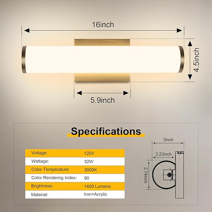 Kalium 16in Modern Wall Sconces, Dimmable Bathroom Vanity Lights, 3000K Warm White LED Indoor Sconces Lighting for Bathroom, Stairs, Living Room, Bedroom. Hardwired.