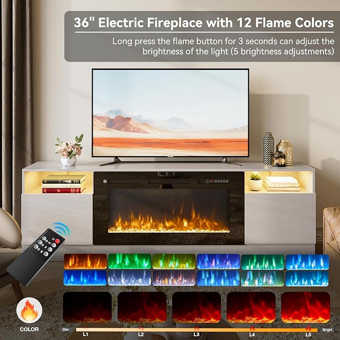 oneinmil 70” TV Stand with 36” Electric Fireplace, Large Modern Media Entertainment Center with Storage Cabinet and 12 Colors LED Lights for TVs Up to 80", Gray TV Stand and Black Fireplace