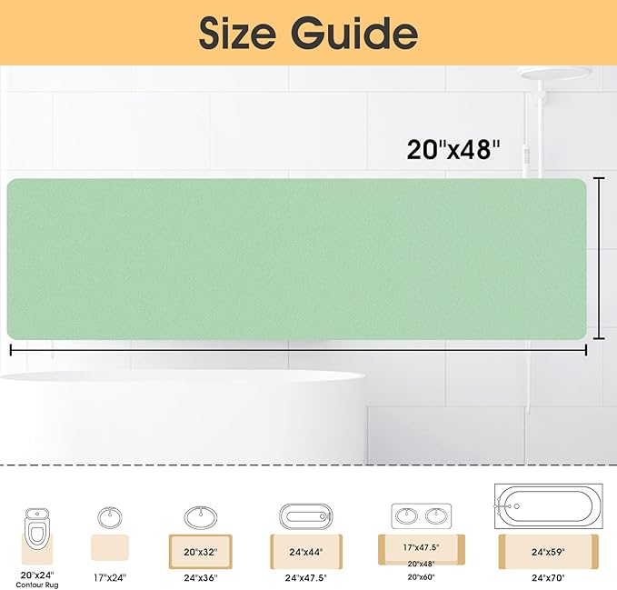 Ultra Thin Non-Slip Bath Mat Fit Under Door, Upgrade Backing Non Slip Bath Mat, Quick Dry Ultra Absorbent Bathroom Rugs, Machine Washable Bath Mats for Bathroom, Bathtub & Kitchen, Sage Green, 48"x20"