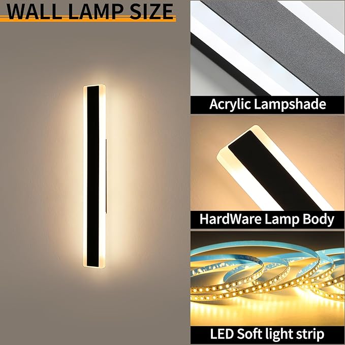 Modern 31.4inch Outdoor Wall Light, 3000K Black Acrylic Exterior Lighting Fixtures Wall Mount, Ip65 Waterproof Modern Porch Lights Outdoor Wall Sconce, Led Long Wall Lights for House Hard-Wired