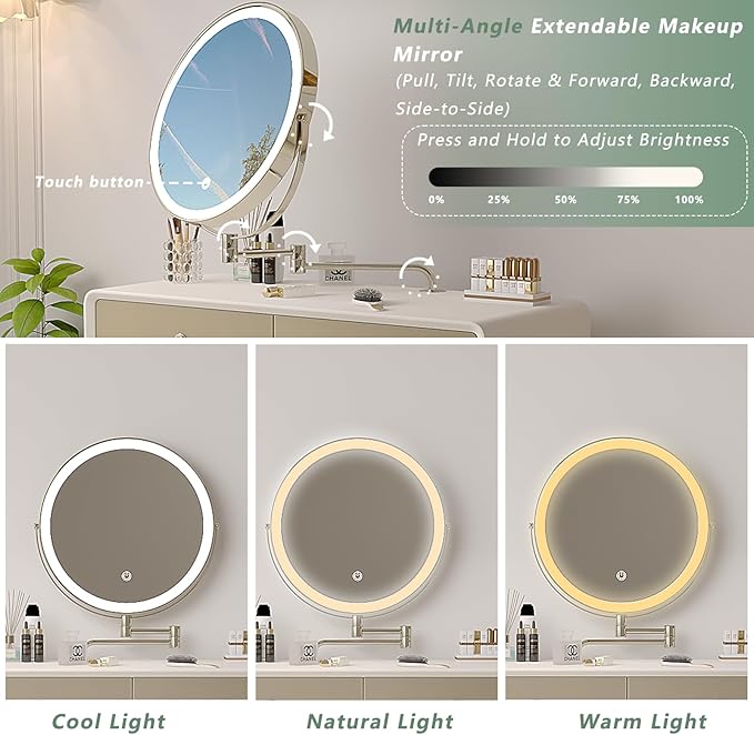 Vanity Desk with Adjustable Mirror and Lights, Makeup Vanity with 2 Drawers and Chair, Small Dressing Table with Leather Surface for Bedroom, 3 Lighting Modes