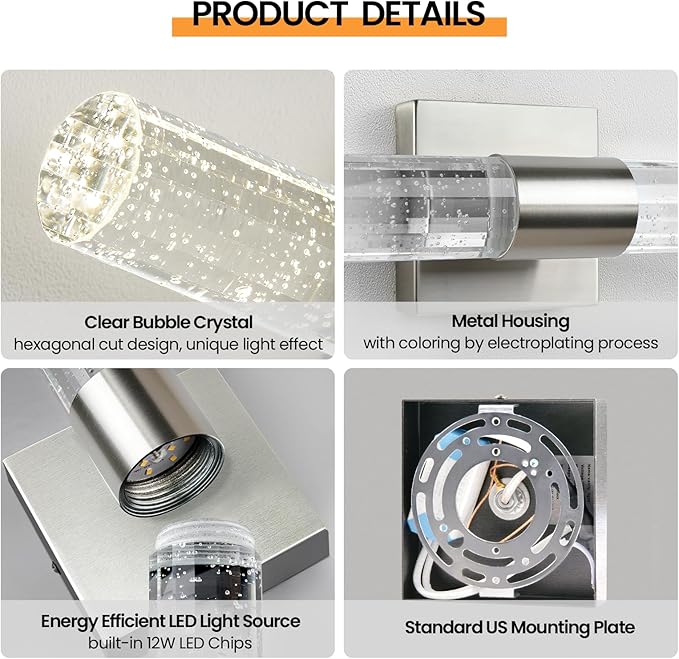 Modern LED Wall Sconces Set of Two - 4000K Dimmable Crystal Bathroom Sconces Wall Lighting Indoor Brushed Nickel Vanity Light Fixture Wall Mount Wall Lights for Bedroom Living Room,18 Inch