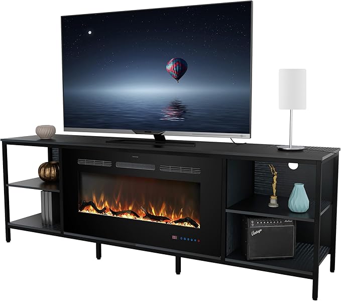 Fireplace TV Stand with 36" Electric Fireplace, 70" Industrial Entertainment Center with Metal Frame, Media TV Cabinet for TVs Up to 80", 750W/1500W, Thermostat, 13 Flame Colors, Black