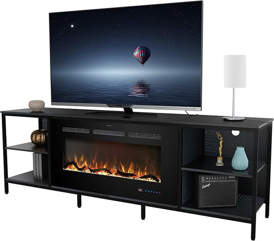 Fireplace TV Stand with 36" Electric Fireplace, 70" Industrial Entertainment Center with Metal Frame, Media TV Cabinet for TVs Up to 80", 750W/1500W, Thermostat, 13 Flame Colors, Black