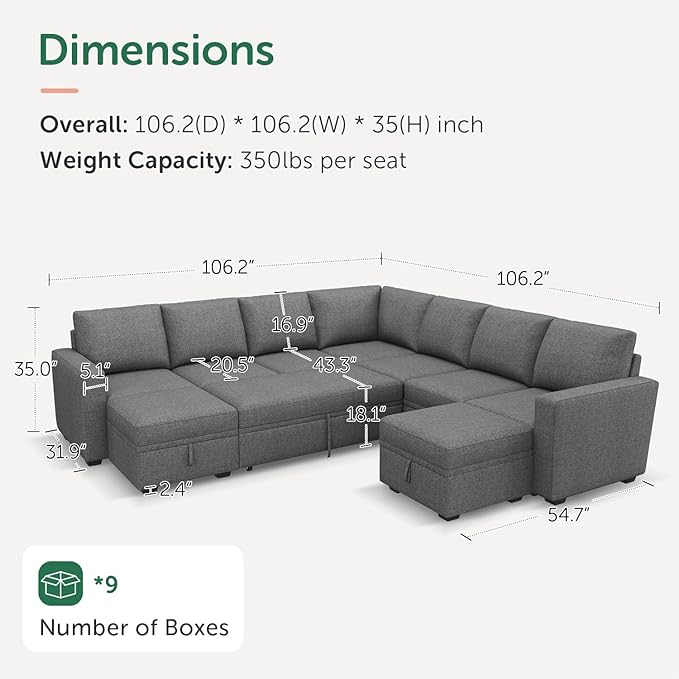 HONBAY Modular Sectional Sleeper Sofa with Pull Out Couch, Oversized U Shaped Sleeper Pull Out Bed with Storage Sectional Couches for Living Room - Dark Grey