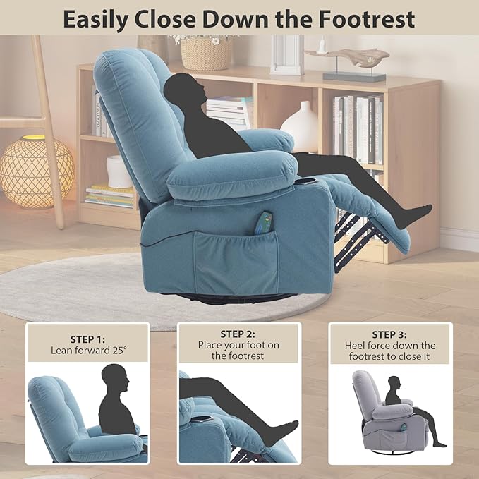 Rocker Recliner Chair for Adults, Recliners with Massage and Heat, Fabric Overstuffed Swivel Glider with Cup Holder Side Pocket, Manual Reclining Sofa Chair for Living Room,Blue